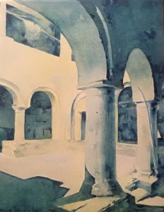 Isabella Pirovano 1890 -1976 Acquarello interno di chiostro monocromatico cm.19 x 25